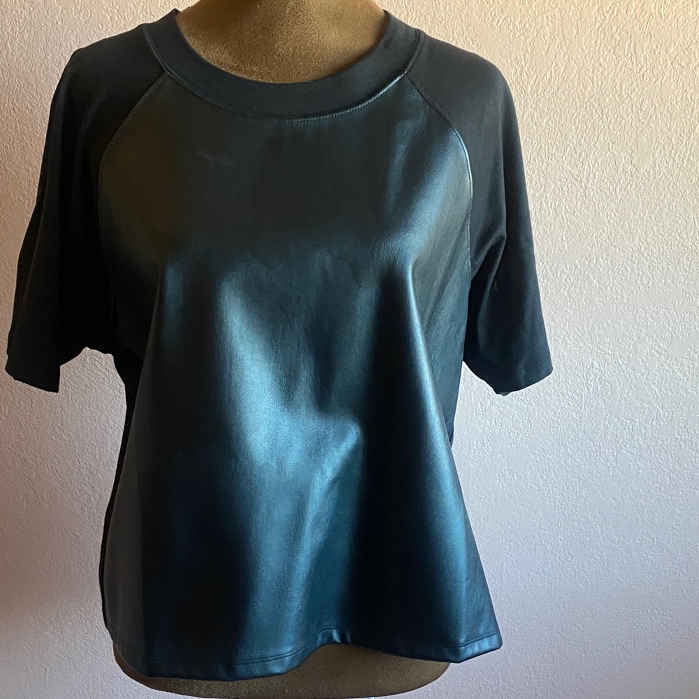 MICHAEL KORS Black Faux Leather Short Sleeve Top - Picture 2 of 9